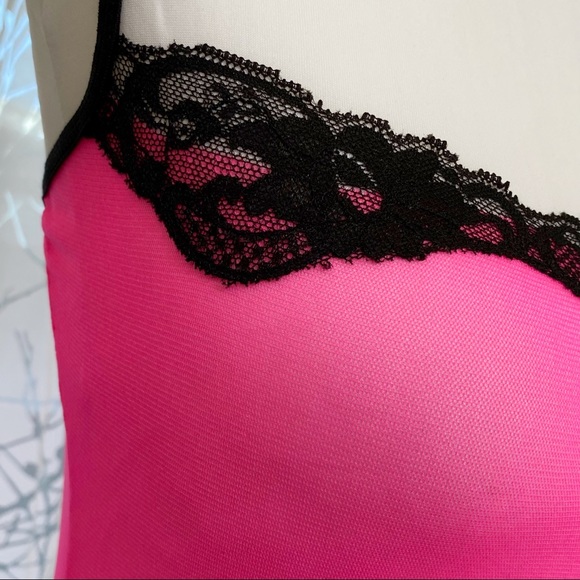 Leg Avenue neon pink black lace trim sheer mesh sleeveless mini dress - Picture 3 of 5